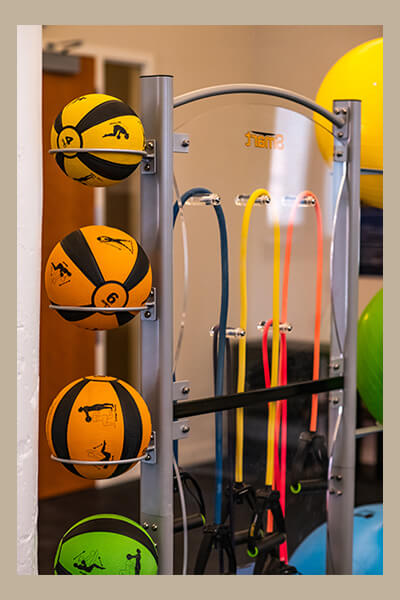 Exercise Room with medicine balls and stretch bands
