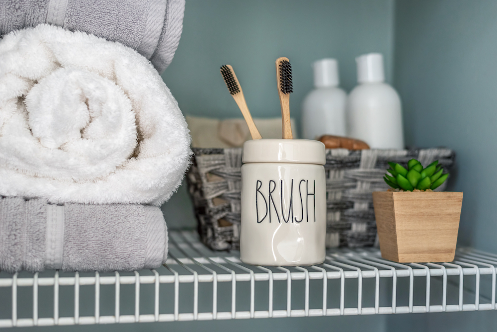 An organized bathroom shelf