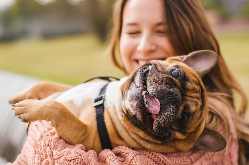 A woman playing with her puppy at a dog park